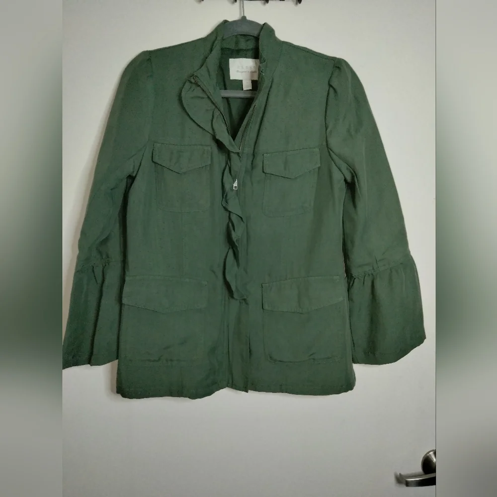 Hinge (Size S) Army Green Stretch Ruffle Trim Full Zip LS Casual Utility Jacket